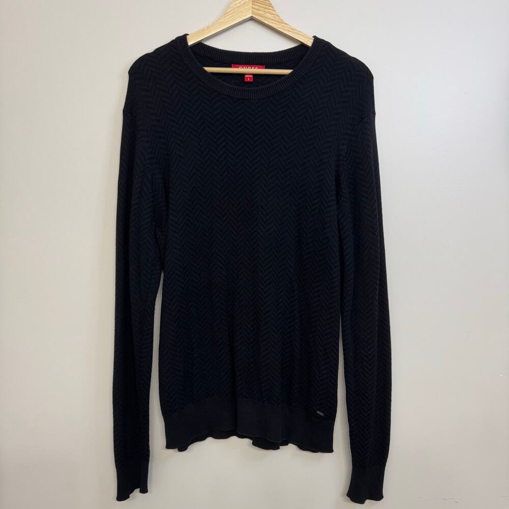 Guess Men’s Sweater Black Crewneck Herringbone Stretch Office Business Casual